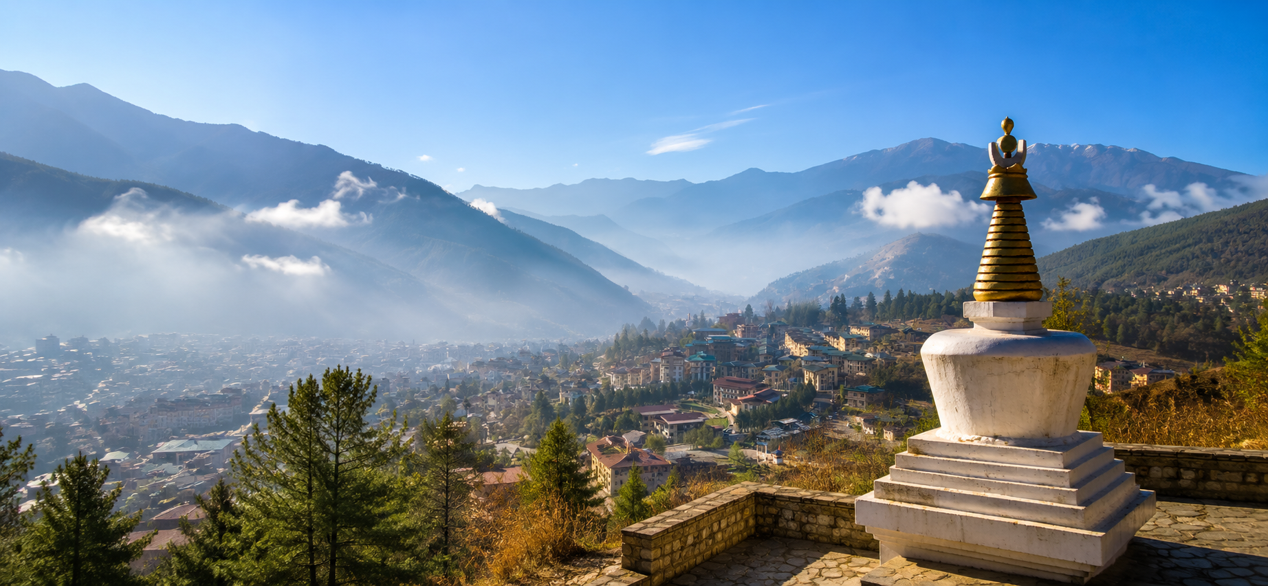A stupa above a Bhutanese valley